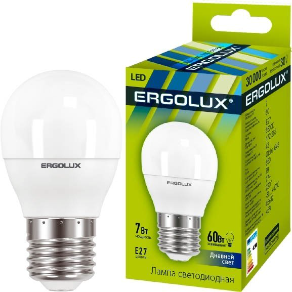 Ergolux 7W E27, светодиодная, естественный белый купить,NaN