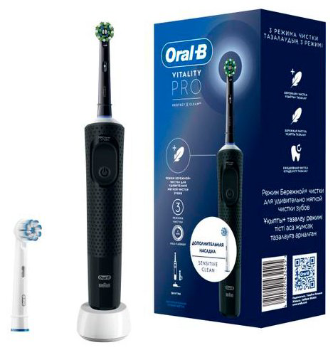 Электрическая щетка Oral-B звуковая Vitality Pro Black + насадка Sensitive Clean щетина мягкая купить,NaN