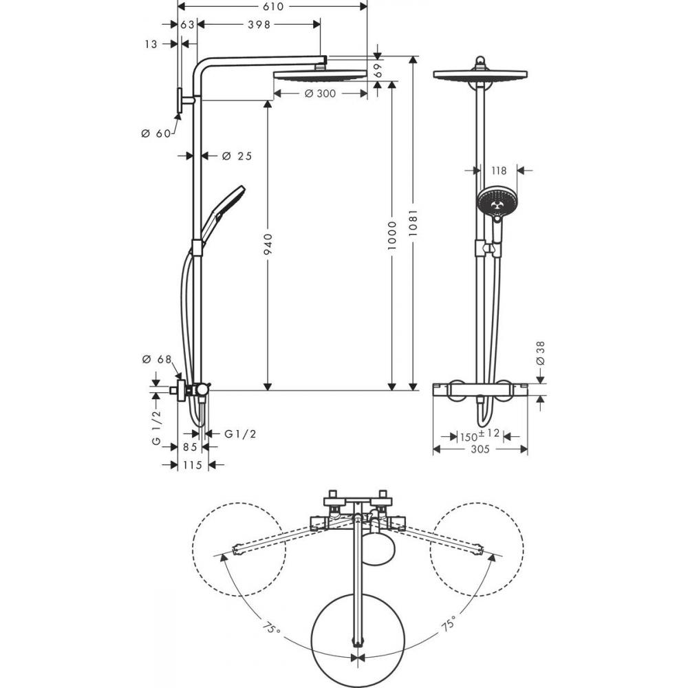Душевая система Hansgrohe Raindance Select S Showerpipe 300 27133000 хром купить,NaN