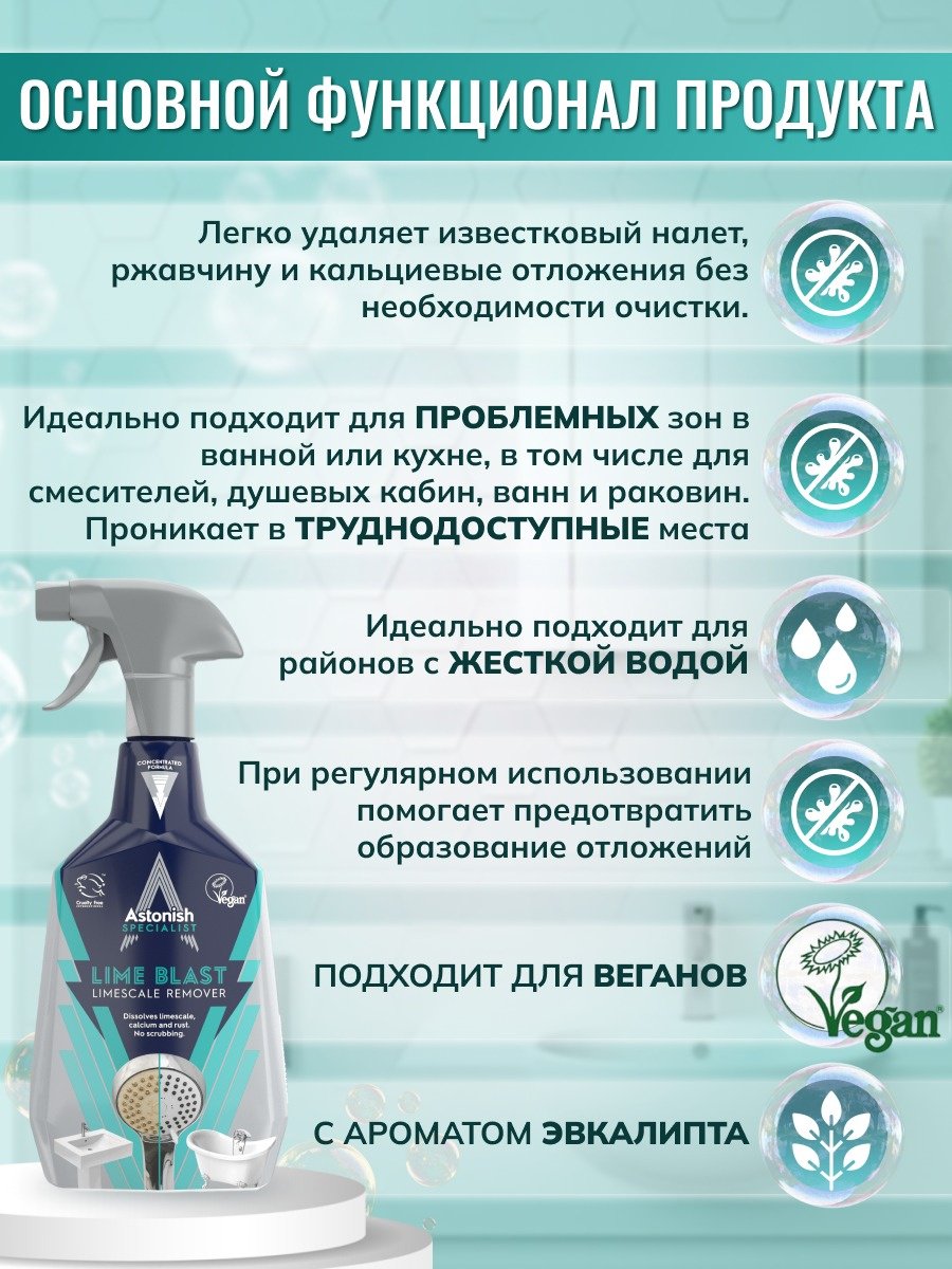 Спрей ASTONISH Удалитель известкового налета Холодный эвкалипт 0.75 л купить,NaN