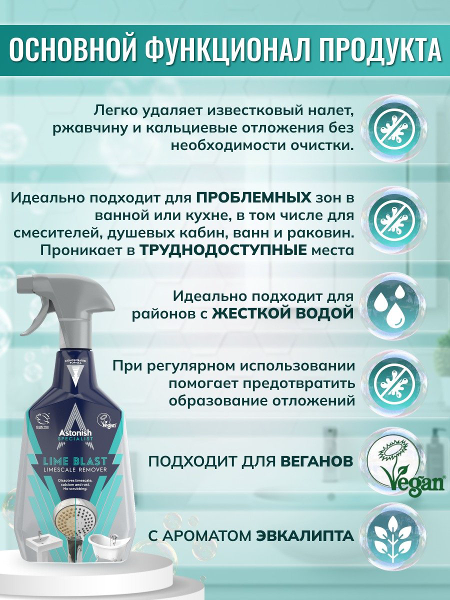 Спрей ASTONISH Удалитель известкового налета Холодный эвкалипт 0.75 л купить,NaN