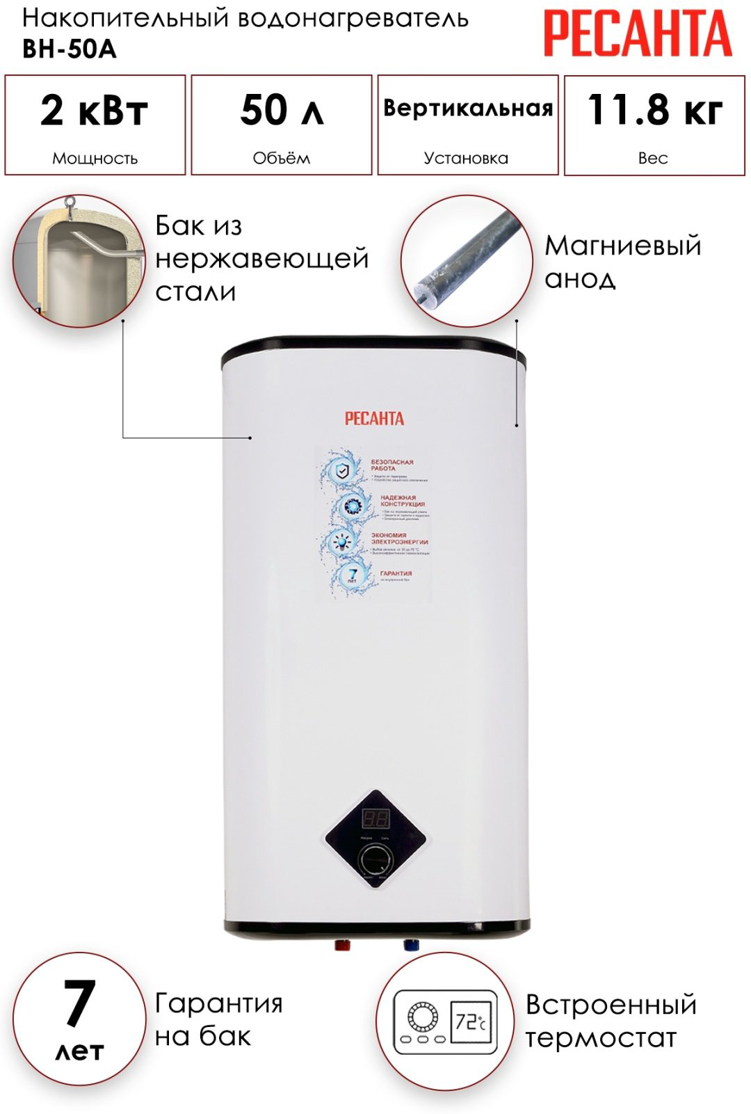 Водонагреватель Ресанта ВН-50А 50 л купить,NaN