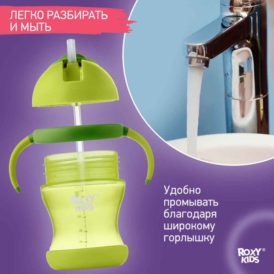 Поильник-непроливайка ROXY-KIDS RFD-008-G, 200 мл, пластик/силикон купить,0