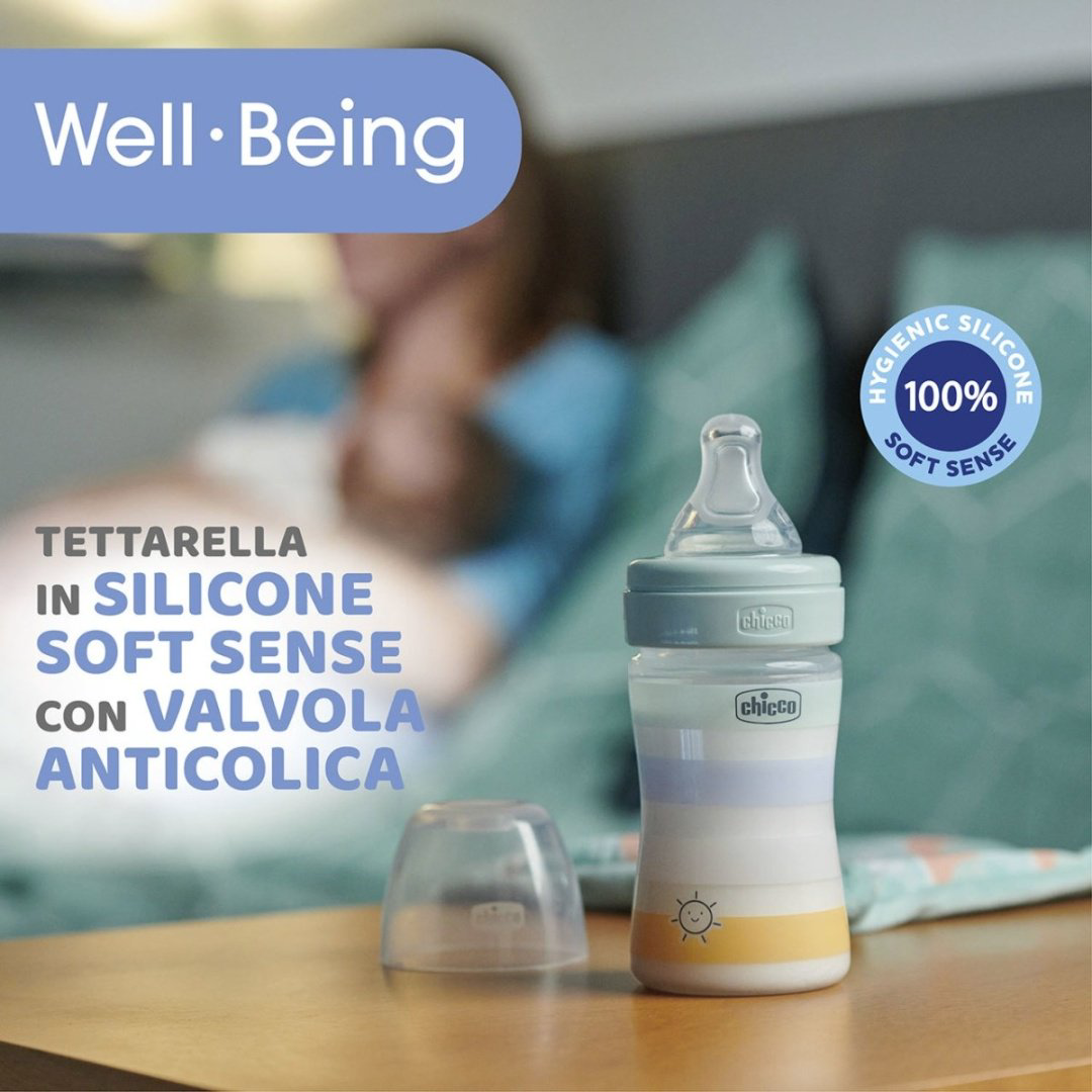 Chicco: Бутылочка Wellbeing для кормления силикон 150 мл 0м+, мальчик купить,NaN