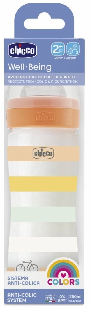 Chicco: Бутылочка Wellbeing для кормления силикон 250 мл 2м+, оранжевый купить,0