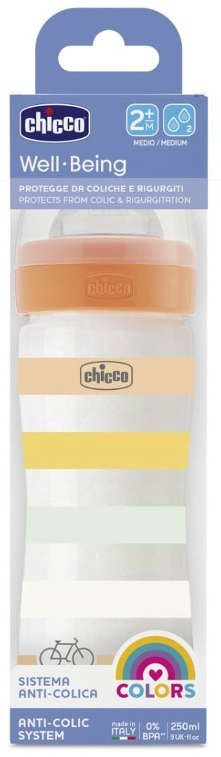 Chicco: Бутылочка Wellbeing для кормления силикон 250 мл 2м+, оранжевый купить,NaN