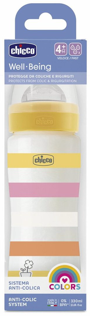 Chicco: Бутылочка Wellbeing для кормления силикон 330 мл 4м+, желтый купить,NaN