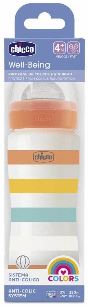 Chicco: Бутылочка Wellbeing для кормления силикон 330 мл 4м+, оранжевый купить,0