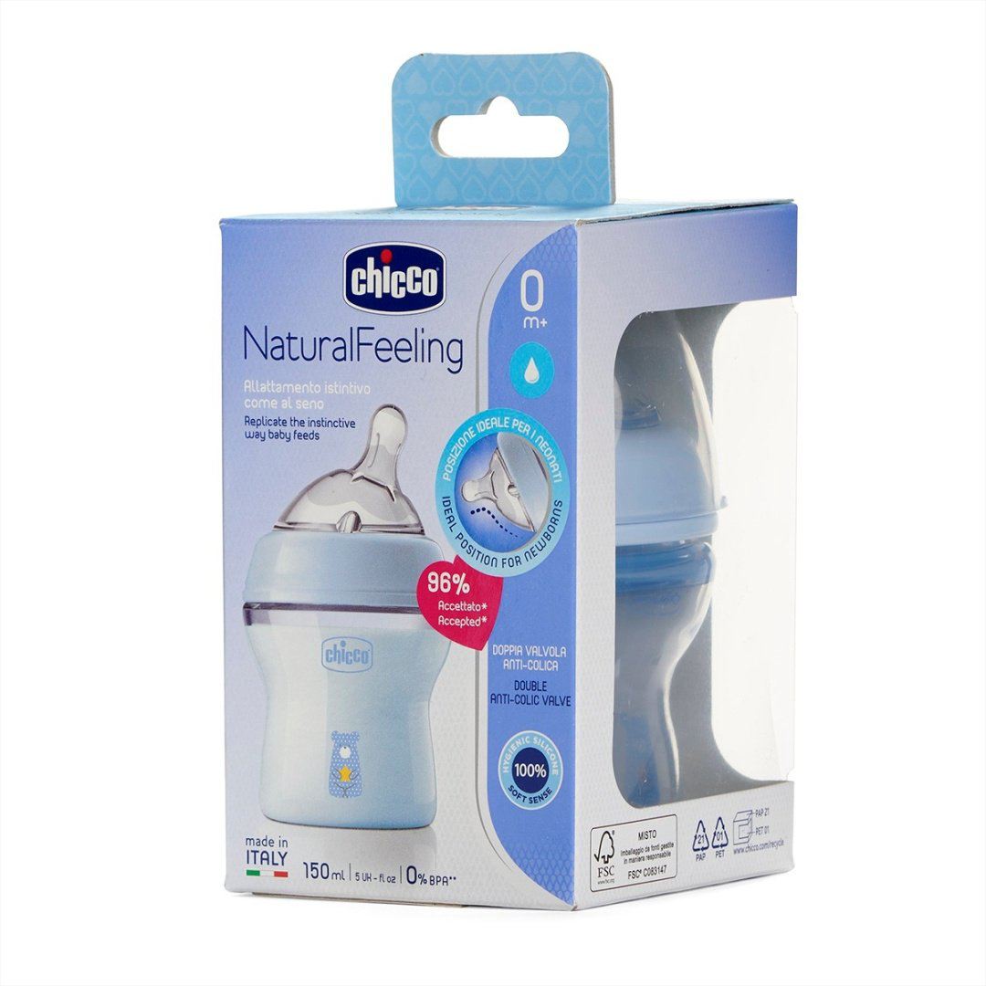 Бутылочка Chicco Natural Feeling 150 мл голубой купить,NaN