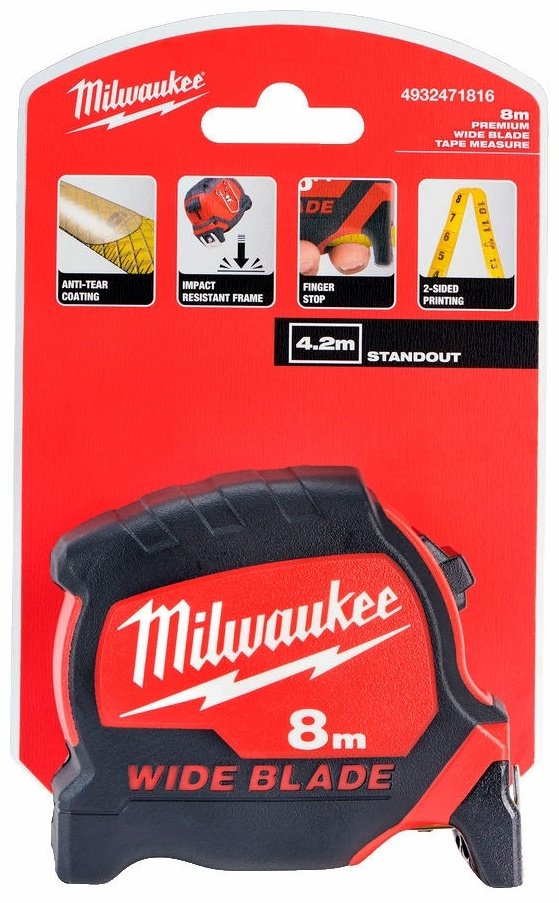 Milwaukee рулетка бытовая PREMIUM WIDE BLADE 4932471816, 8 м х 33 мм купить,NaN