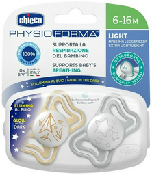Chicco: Пустышка силикон Physio Light 6м+ 2 шт, светящиеся сер/беж