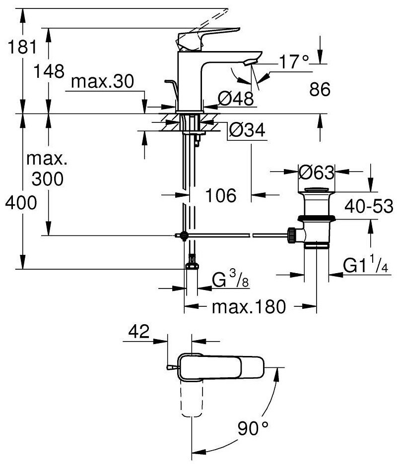 Смеситель для раковины (умывальника) Grohe Cubeo 1017302430, размер S, однозахватный купить,NaN