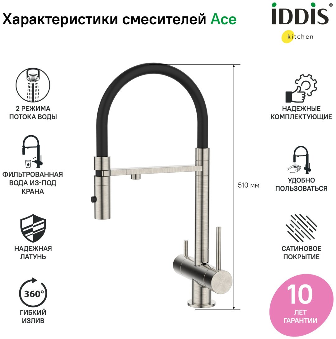 Смеситель с гибким изливом IDDIS Ace ACEBNFFi05, латунь, цвет серый