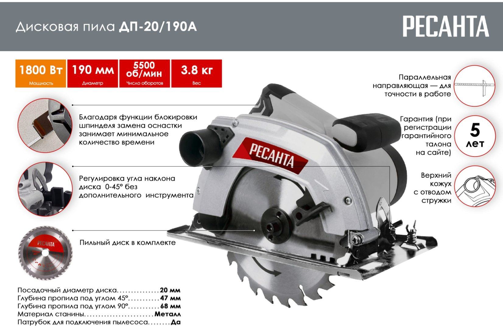 Дисковая пила Ресанта 75/11/5, электрическая купить,NaN
