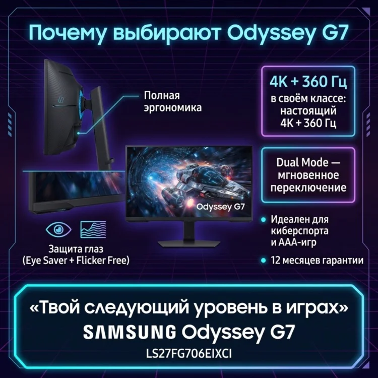 Монитор 27'' Samsung Odyssey G7 LS27FG706EIXCI UHD IPS 1ms 360Hz черный