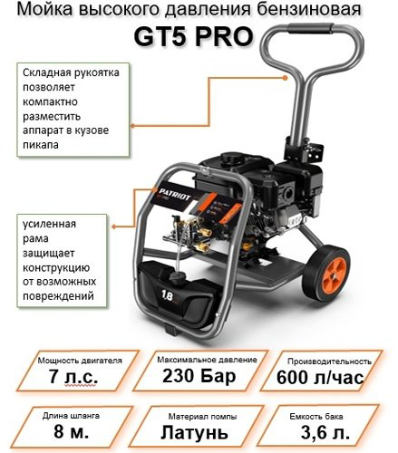 Мойка высокого давления Patriot бензиновый 230 бар, GT5 PRO купить,NaN