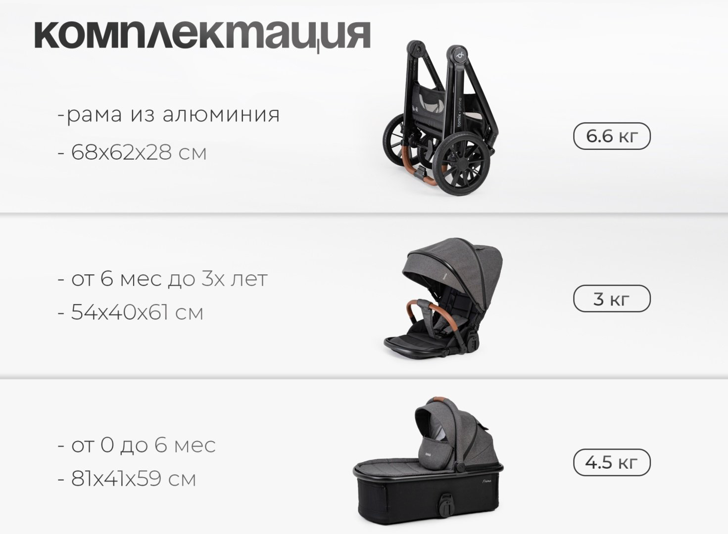 Коляска универсальная 2 в 1 TOMIX Prime, серый купить,NaN