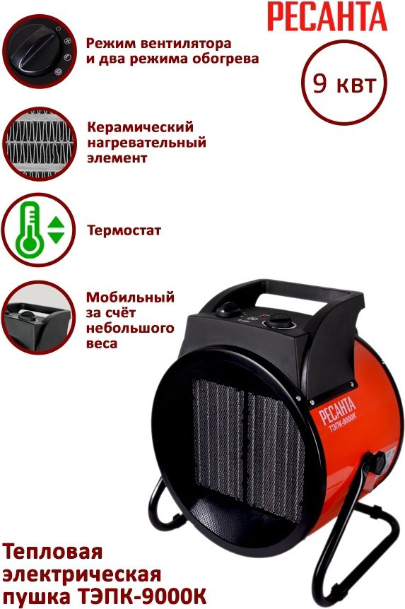 Тепловая электрическая пушка Ресанта ТЭПК-9000K , 9 кВт купить,75490