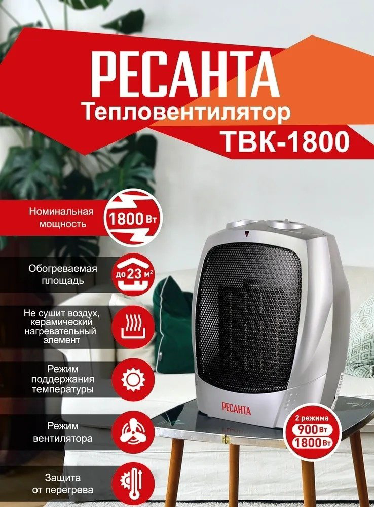 Тепловентилятор Ресанта ТВК-1800 серый купить,NaN