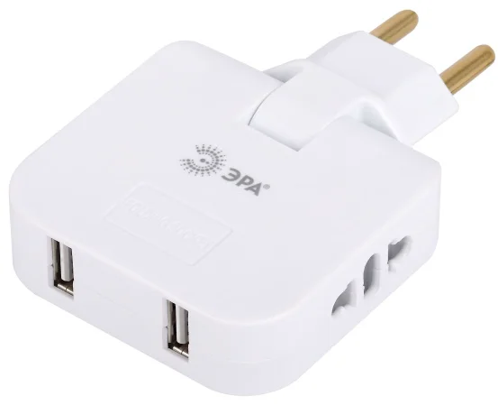 Разветвитель электричества ЭРА SPF-2-FL-USB поворотный на 2 розетки + 2USB 10А белый