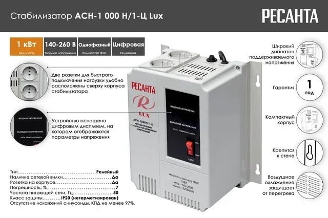 Стабилизатор Ресанта АСН-500Н/1-Ц Lux 140-260В белый