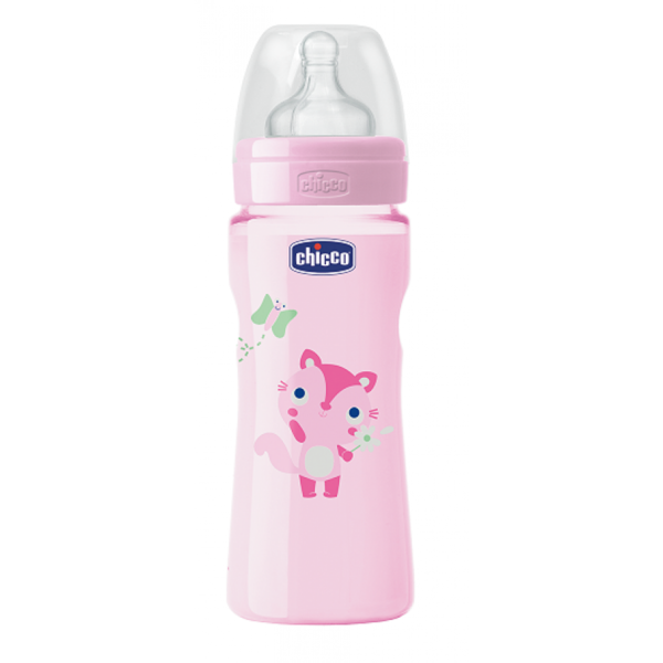 Бутылочка Chicco Wellbeing 330 мл 4м+ розовая купить,NaN