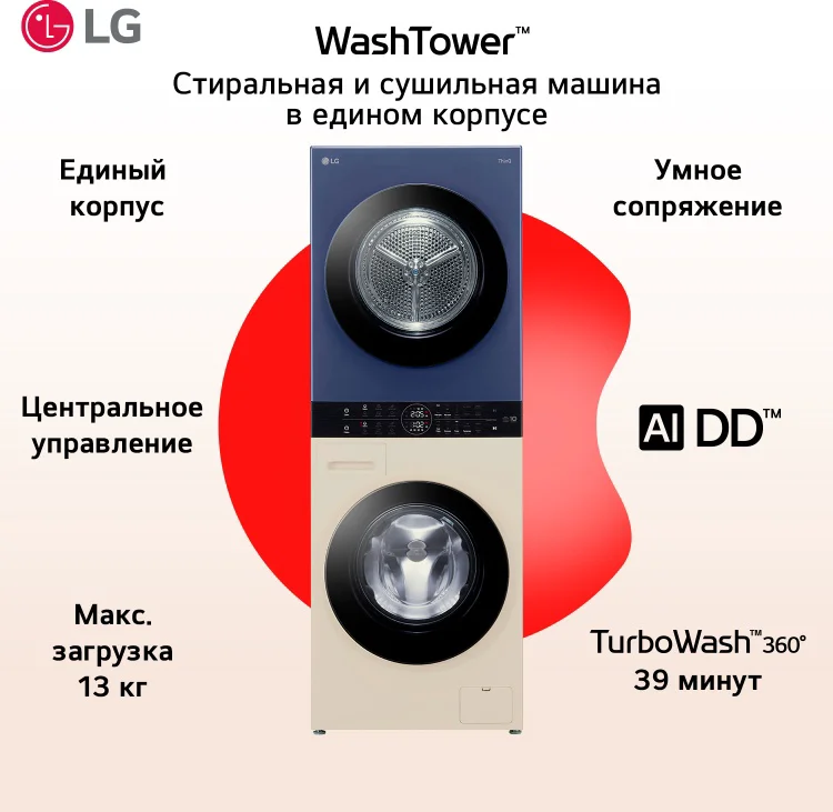 Стиральная машина с сушкой LG WashTower Objet  W4W8LVPK4HM 60х60х165.5см сине-бежевый