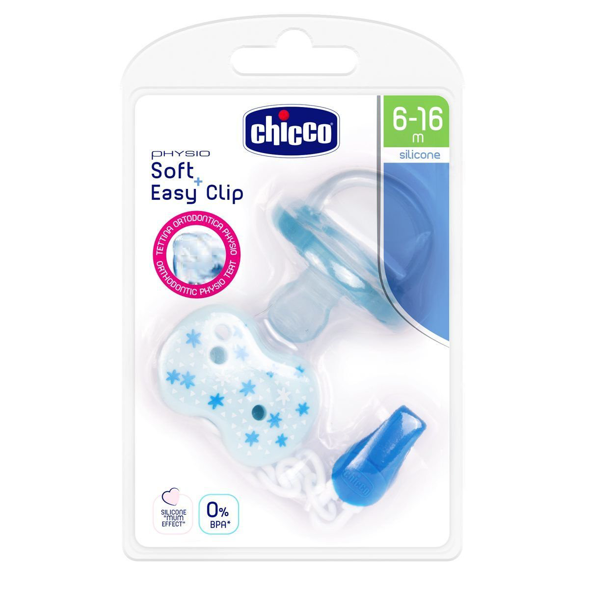 Пустышка с прищепкой Chicco Physio Soft 6-16м голубая купить,NaN