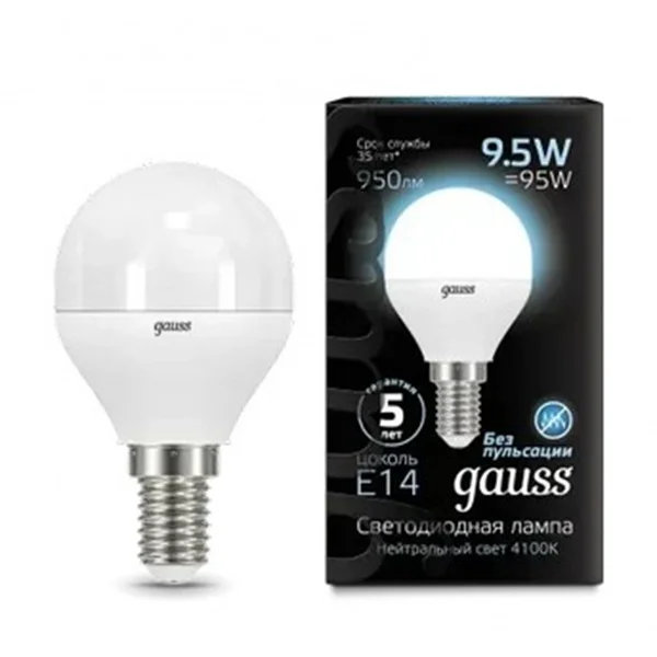 Лампа Gauss LED Шар 9.5W 950lm 4100K E14 купить,NaN