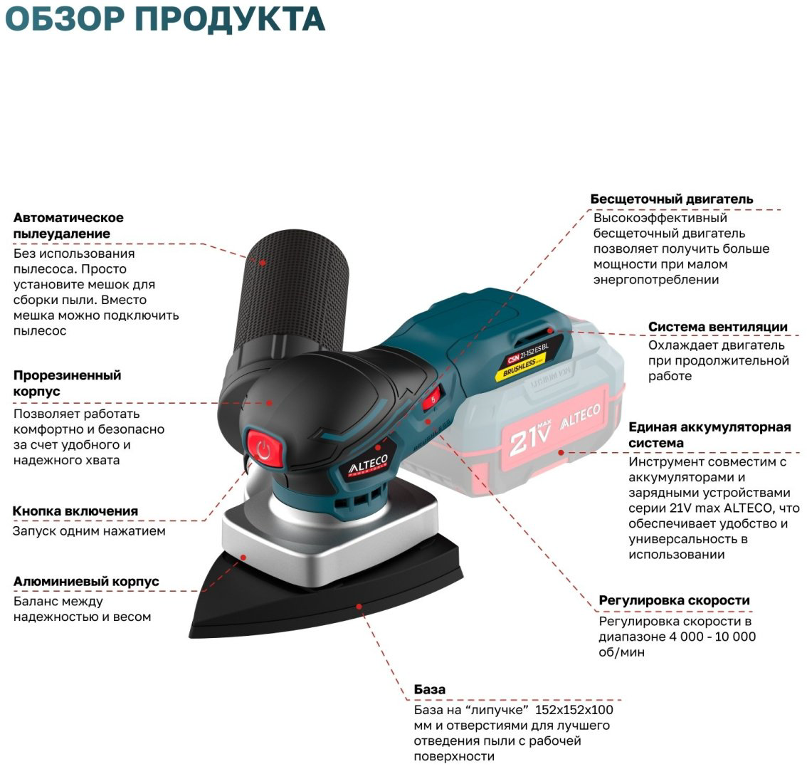 Аккумуляторная бесщеточная эксцентриковая шлифмашина ALTECO CSN 21-152 ES BL Solo (без АКБ и ЗУ) купить,29990
