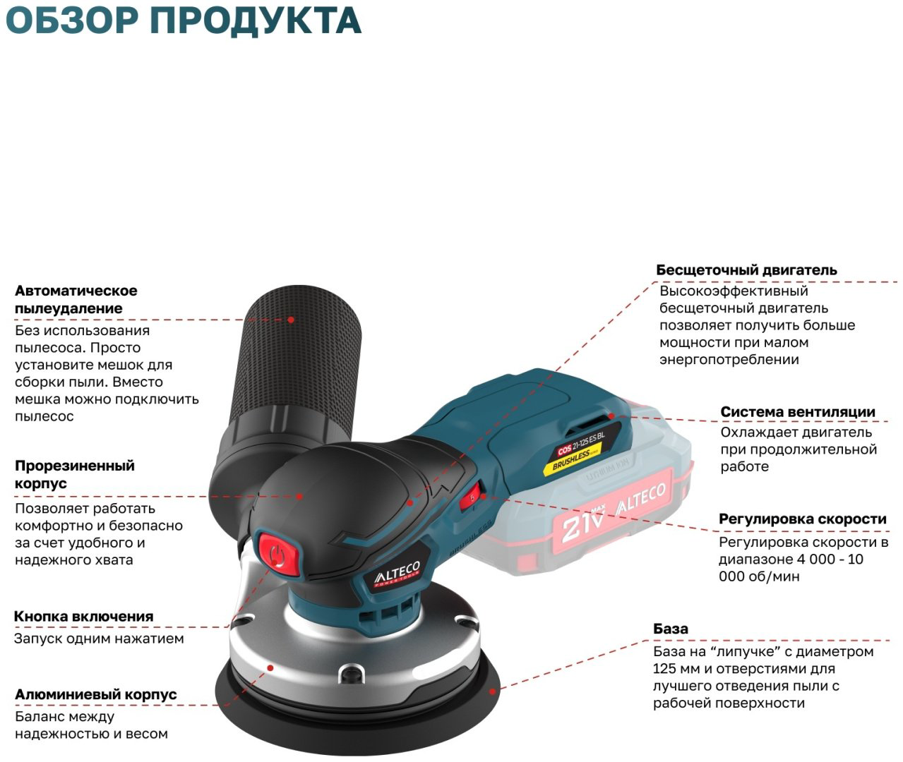 Шлифмашина эксцентриковая бесщеточная ALTECO COS 21-125 ES BL Solo (без АКБ и ЗУ) купить,NaN