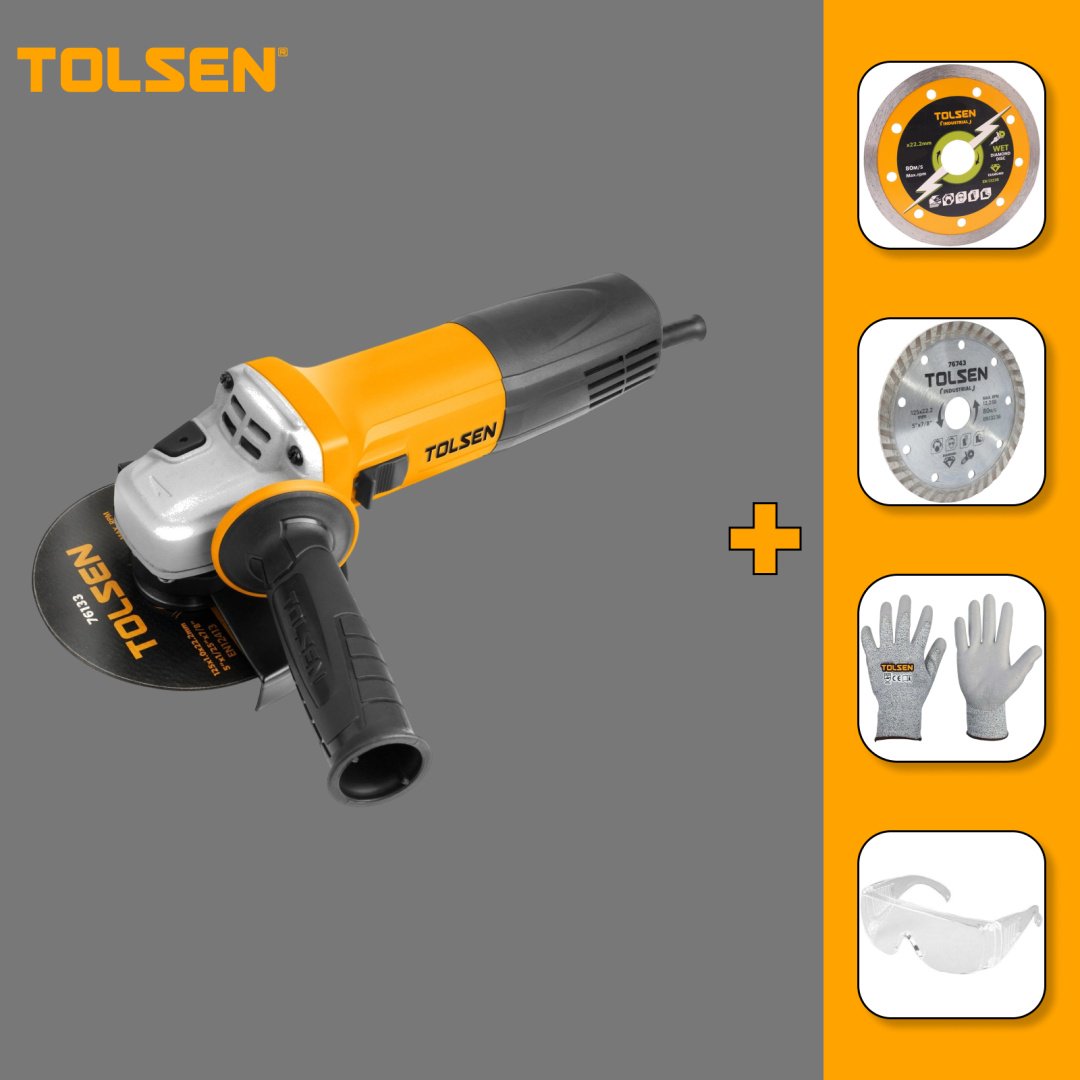 Шлифмашина угловая TOLSEN 88580 + диск сплошной + диск турбированный + перчатки + очки