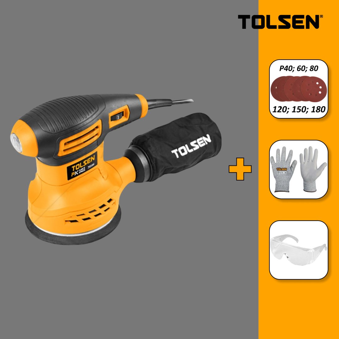 Шлифмашина эксцентриковая TOLSEN 79566 + шлифлист Р40, 60, 80, 120, 150, 180 + очки + перчатки