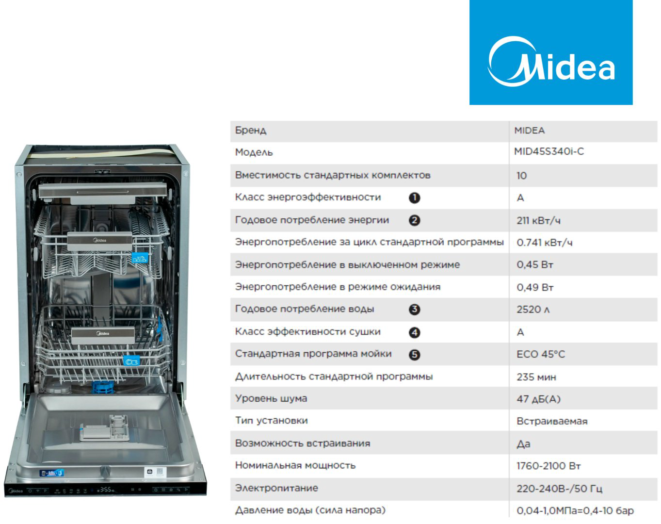 Посудомоечная машина Midea MID45S340i-C серый купить,180672