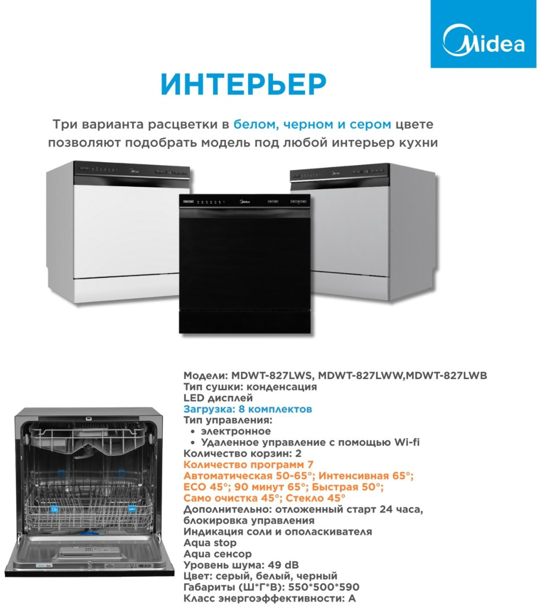 Посудомоечная машина Midea MDWT-827LWB черный купить,139990