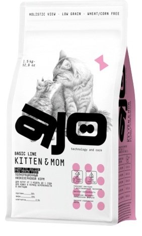 Корм AJO Basic Line Kitten & Mom для котят, беременных и кормящих индейка, курица 1.5 кг