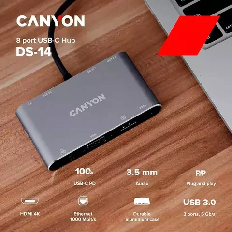 Адаптер Canyon DS-14 8 in 1 USB C Grey - ForteMarket Адаптер Canyon DS-14 8 in 1 USB C Grey купить,0