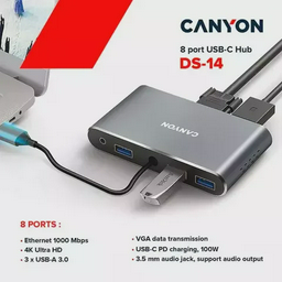 Адаптер Canyon DS-14 8 in 1 USB C Grey