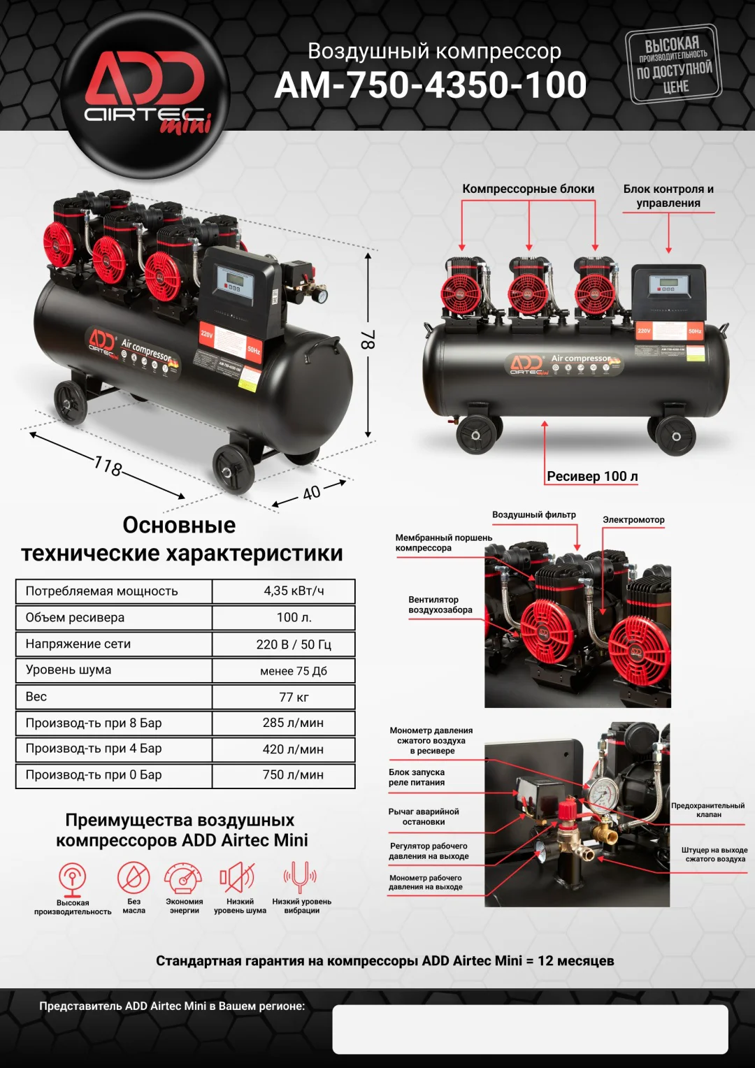 Компрессор безмасляный ADD Airtrc Mini AM-750-4350-100 8 бар купить,NaN
