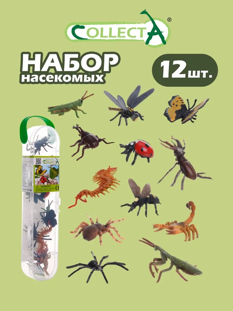 Фигурка Collecta Насекомые: мексиканский тарантул, стрекоза, богомол, пчела, жук-олень, скорпион, бабочка, паук чёрная вдова, божья коровка, кузнечик, жук-носорог, многоножка. 4.2 см 12 шт