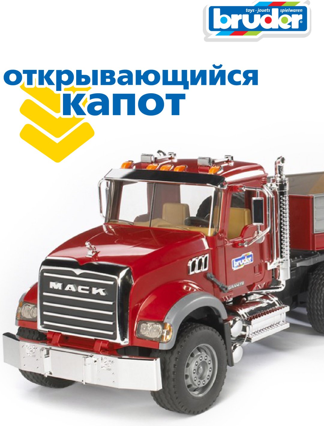 Автотранспортер Bruder Тягач с прицепом–платформой MACK 02-813, Abs-пластик, красный, черный