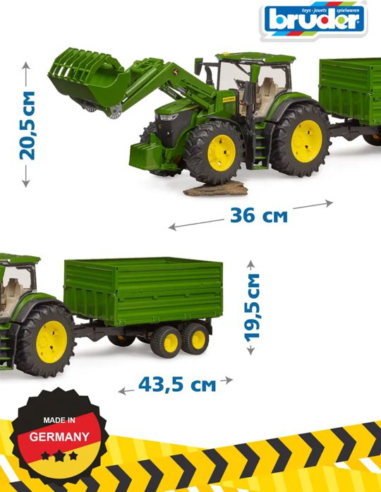 Спецтехника Bruder Трактор John Deere 7R 350 с прицепом зеленый купить,NaN
