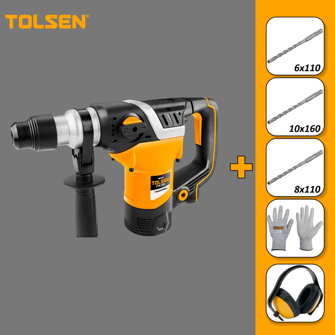Перфоратор TOLSEN 88530 + Буры 6,8,10 + Перчатки + Наушники 4.5 Дж, SDS-Plus