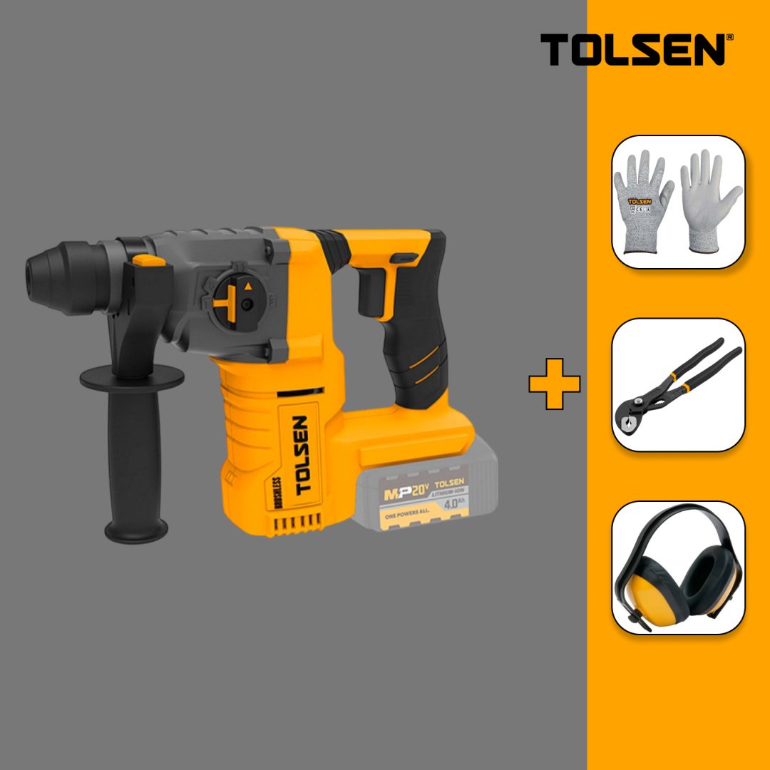 Перфоратор TOLSEN 87272 + клещи 250мм + перчатки + наушники 2.5 Дж, SDS-Plus