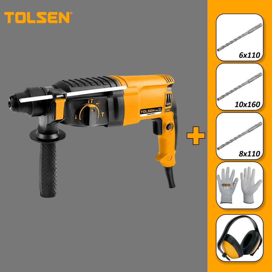 Перфоратор TOLSEN 79510 + Буры 6, 8, 10 + Перчатки + Наушники 2.8 Дж, SDS-Plus