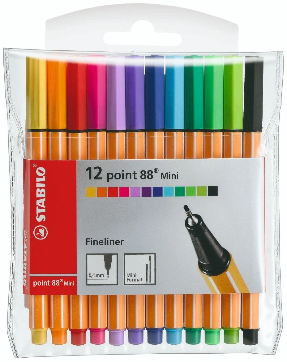Ручка капиллярная STABILO point 88 mini 12 шт, 0.4 мм, цвет чернил черный, желтый, красный, голубой, синий, зеленый купить,NaN