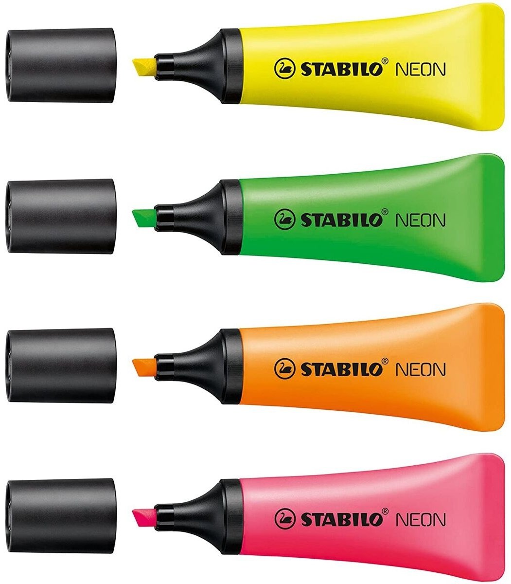 Маркер STABILO 72/4-1 Neon, 4 шт, 5 мм, желтый, зеленый, розовый, оранжевый