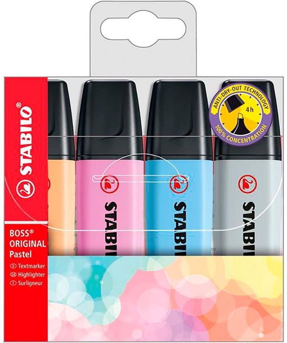 Маркер STABILO Pastel 1230564, 4 шт, 5 мм, розовый, желтый, голубой, серый
