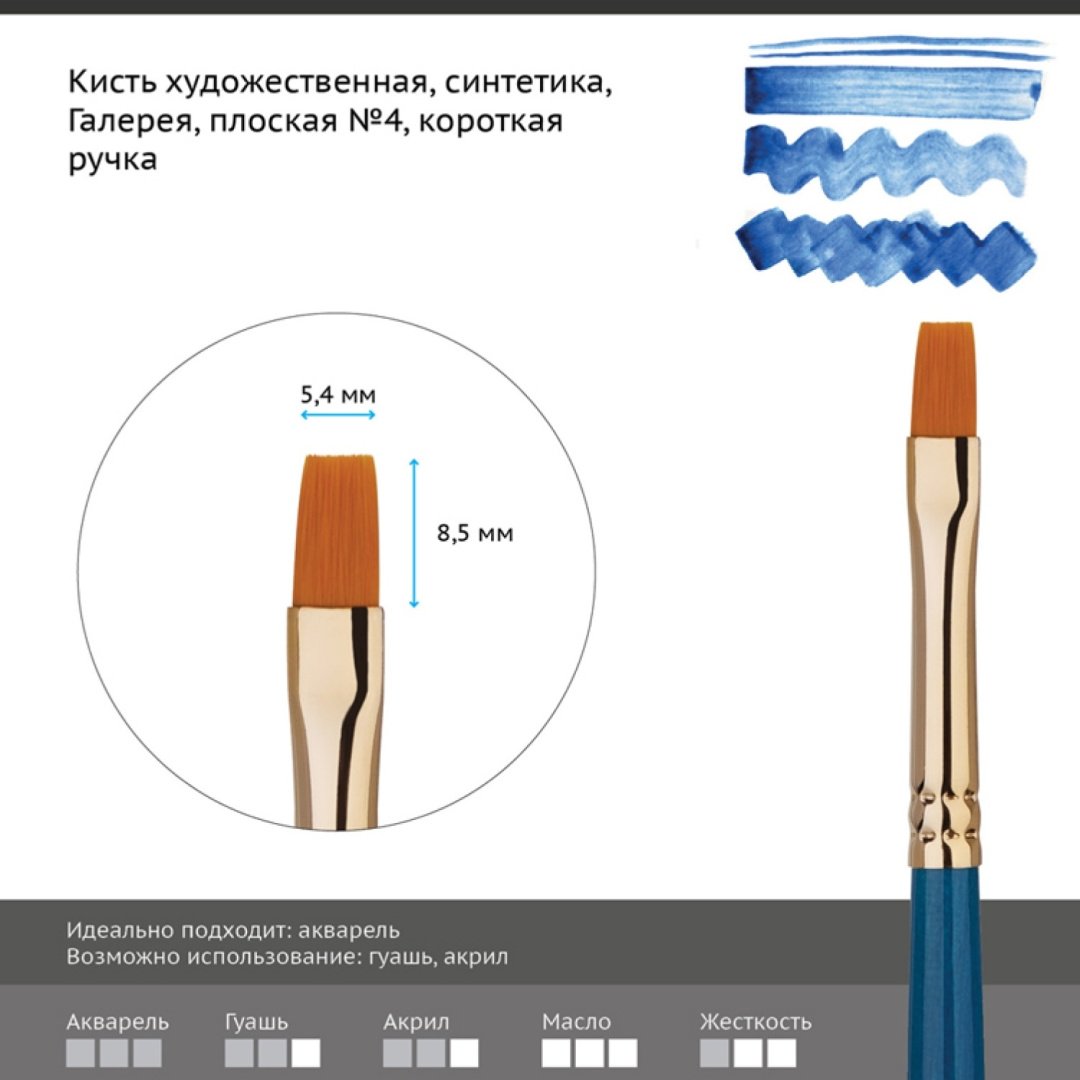 Кисть художественная синтетика Гамма Галерея, плоская №4, короткая ручка купить,NaN