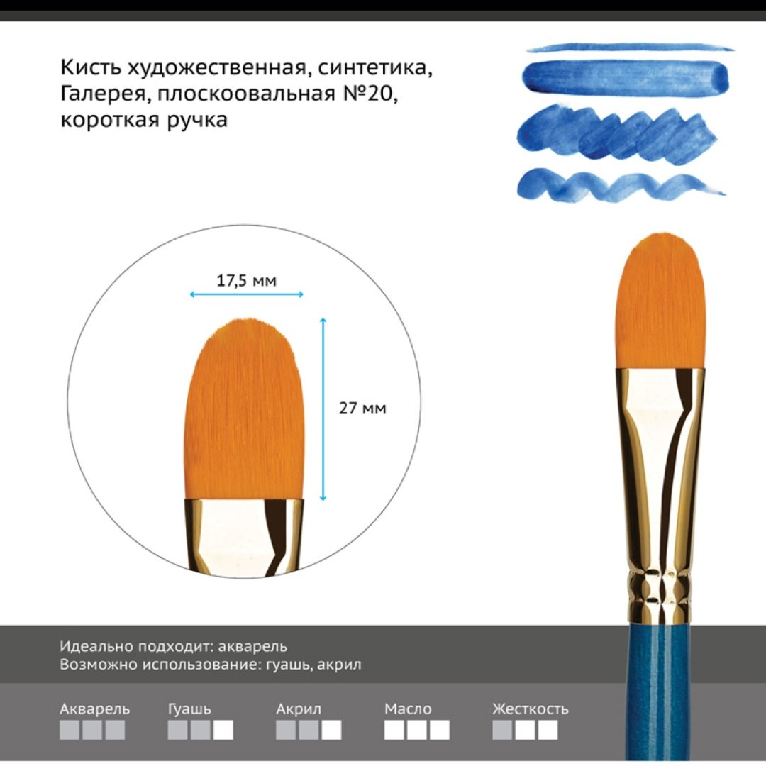 Кисть художественная синтетика Гамма Галерея, плоскоовальная №20, короткая ручка купить,NaN